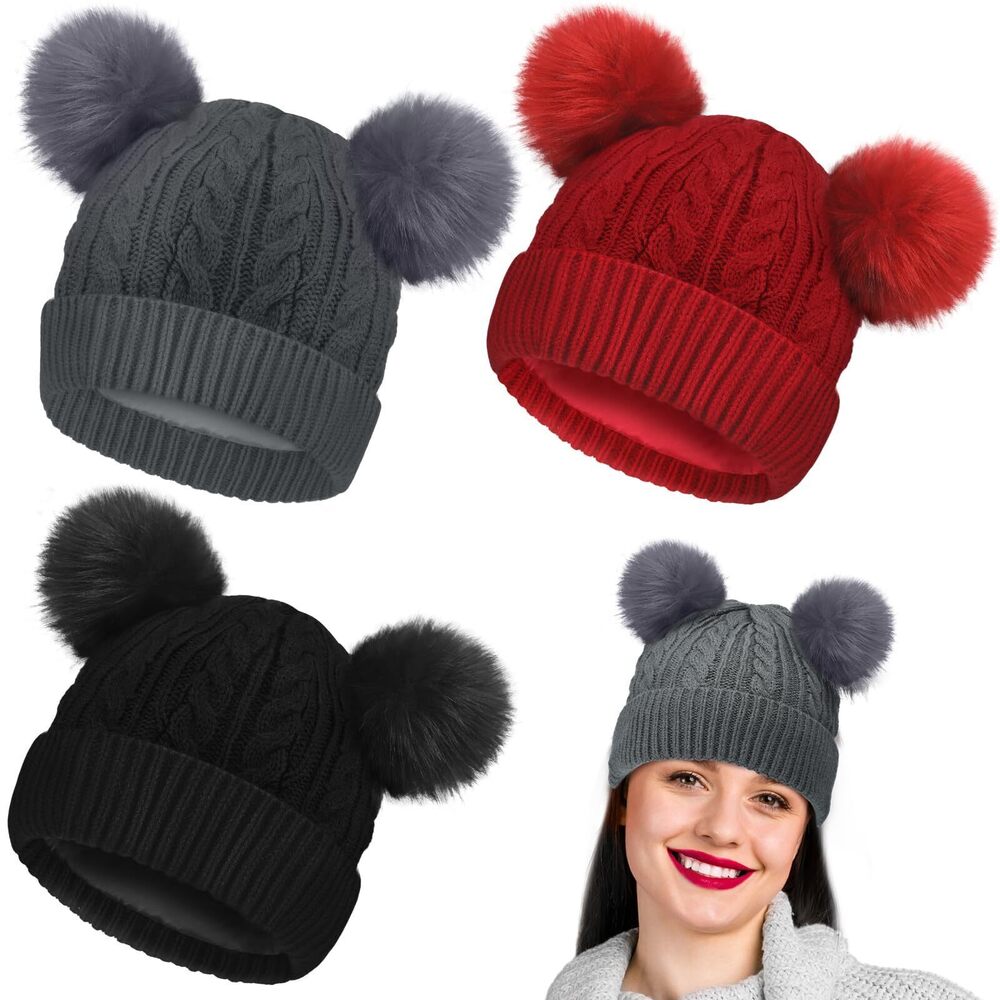 9910 3 Pcs Winter Satin Lined Warm Hats Pom Pom Ears Beanies Hat Satin Knit